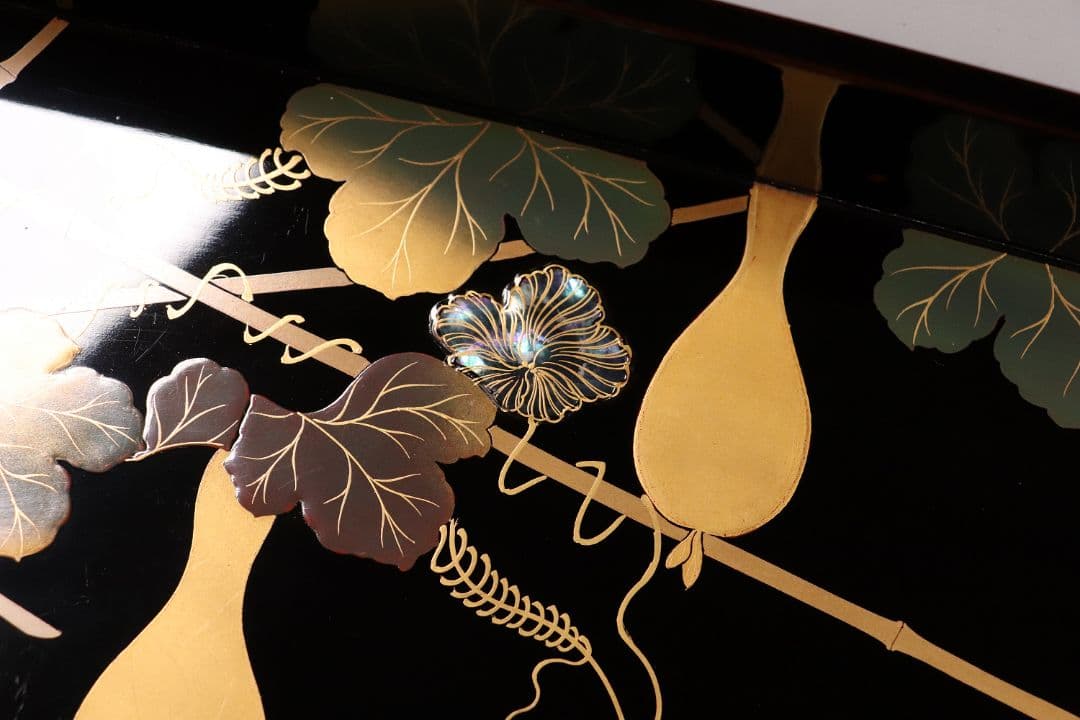 瓢箪雀蒔絵 広盆 大小一組 黒塗 金銀 螺鈿 木製漆器 広蓋 長方盆 花鳥MA9