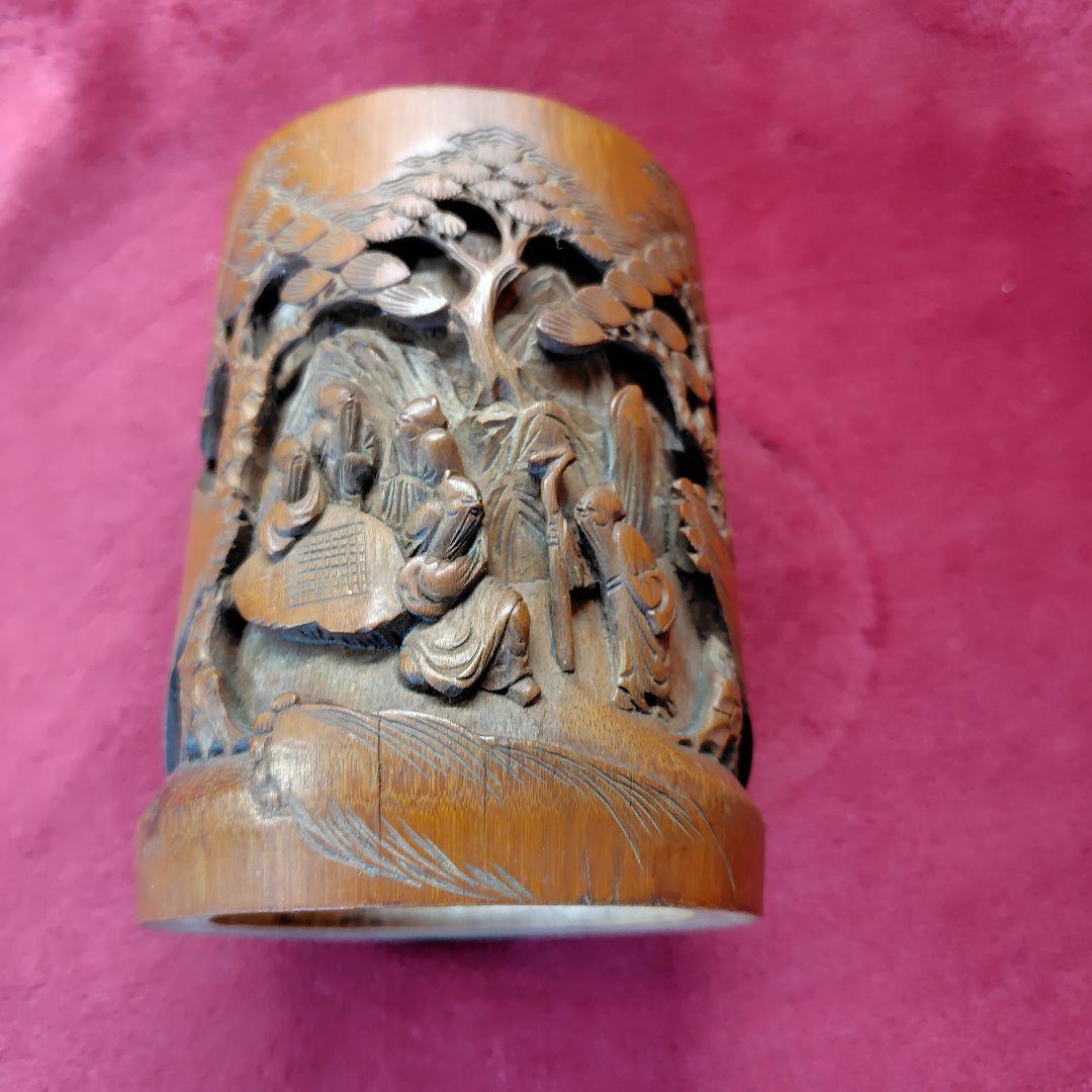 アンティークな中国筆筒　古竹彫刻