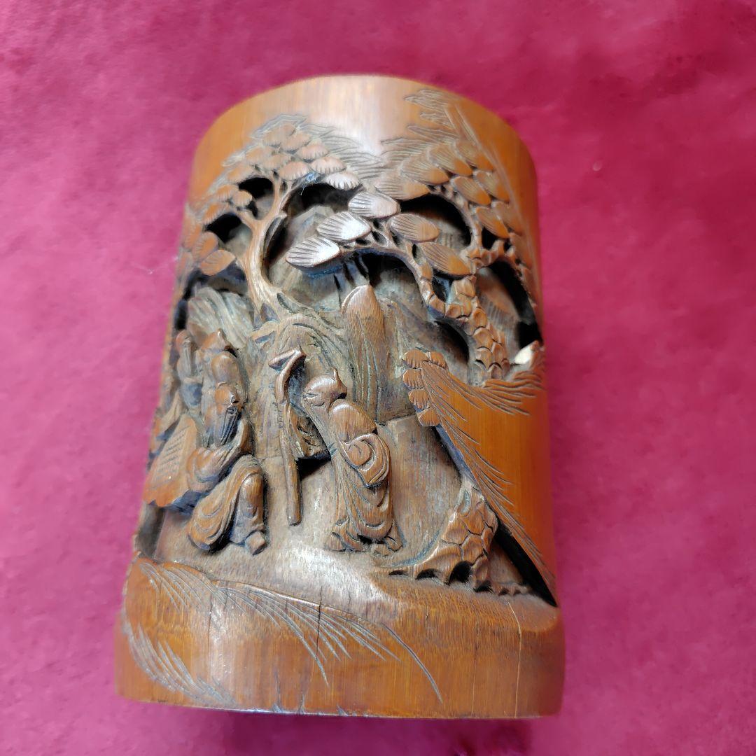 アンティークな中国筆筒　古竹彫刻