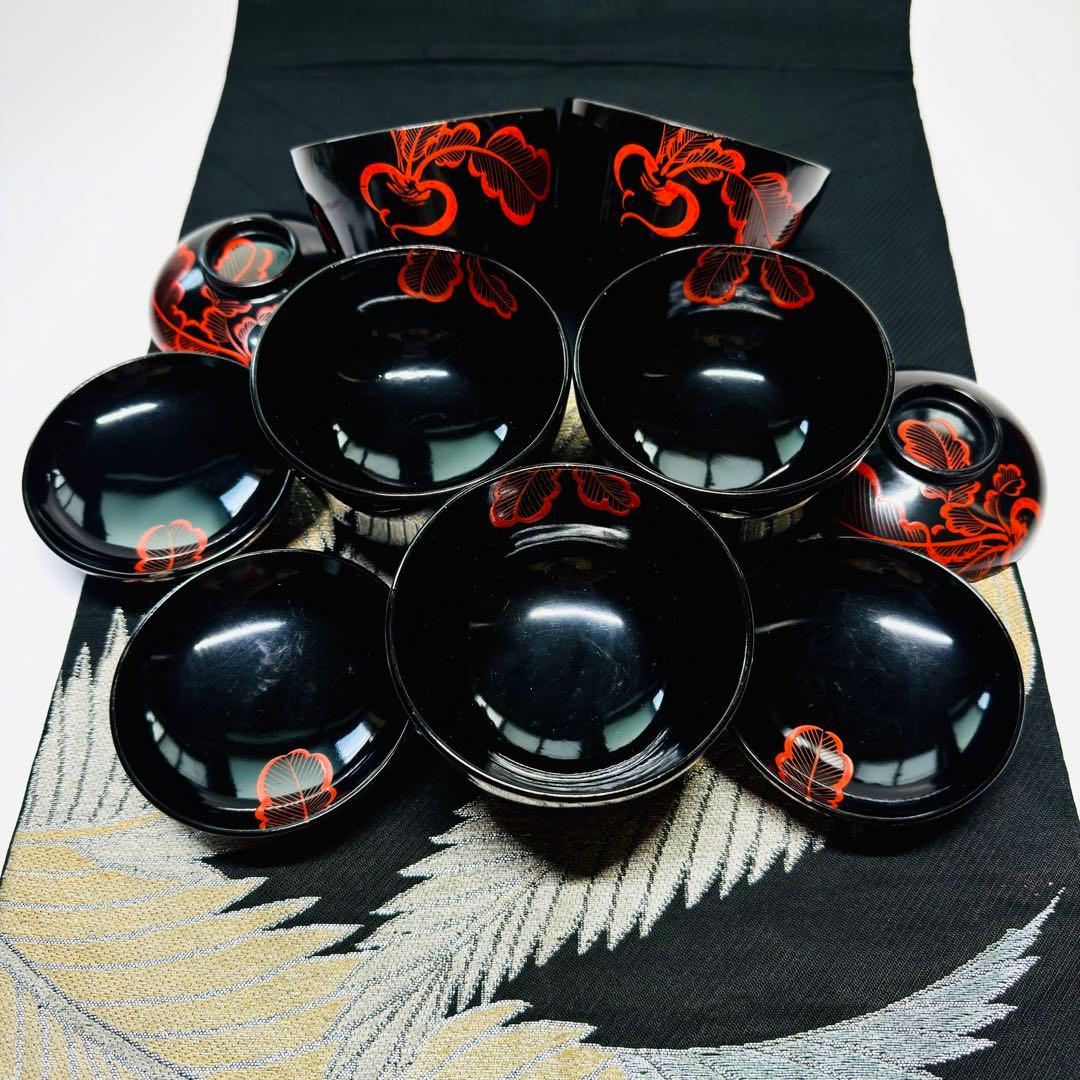 漆器　輪島塗　大根彫　細工　木製　蓋付椀　茶碗　吸物椀　5客