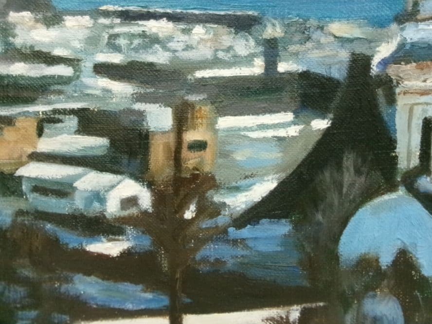 教会のある風景 油彩 F8 額装