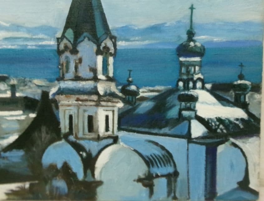 教会のある風景 油彩 F8 額装