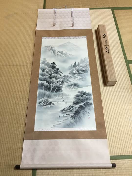 特別価格！茨木春山   掛け軸 水墨山水 尺八立