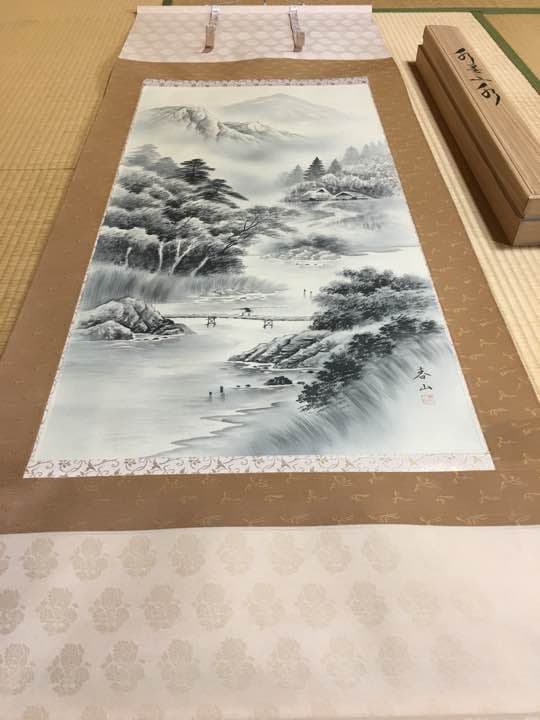 特別価格！茨木春山   掛け軸 水墨山水 尺八立