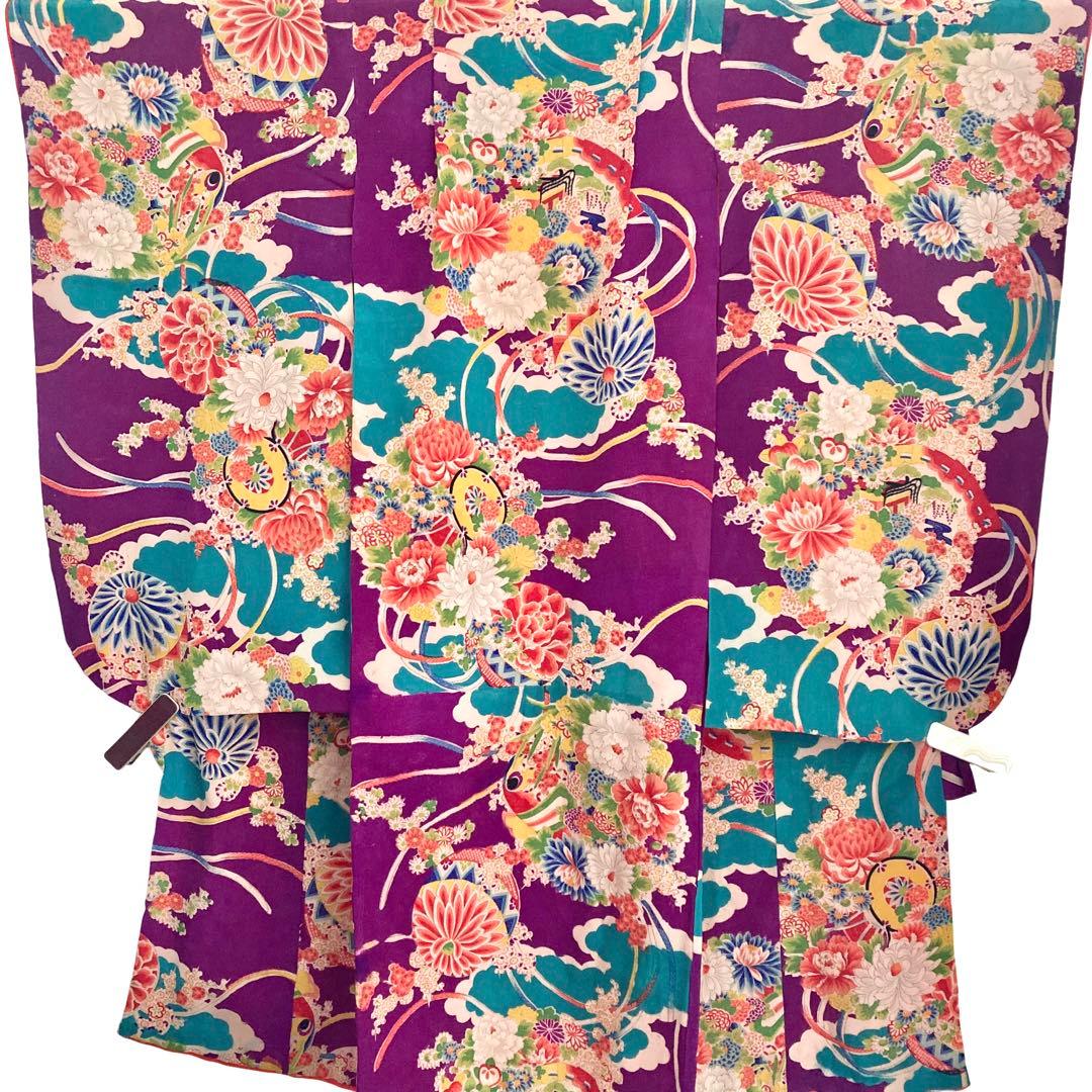 ターコイズ アンティーク3歳 女の子 子供着物 七五三 アンティーク着物 NO