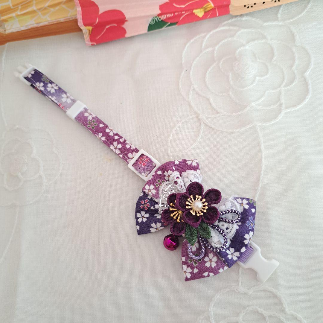お正月、つまみ細工リボン(紫④)わんちゃん猫ちゃん用首輪