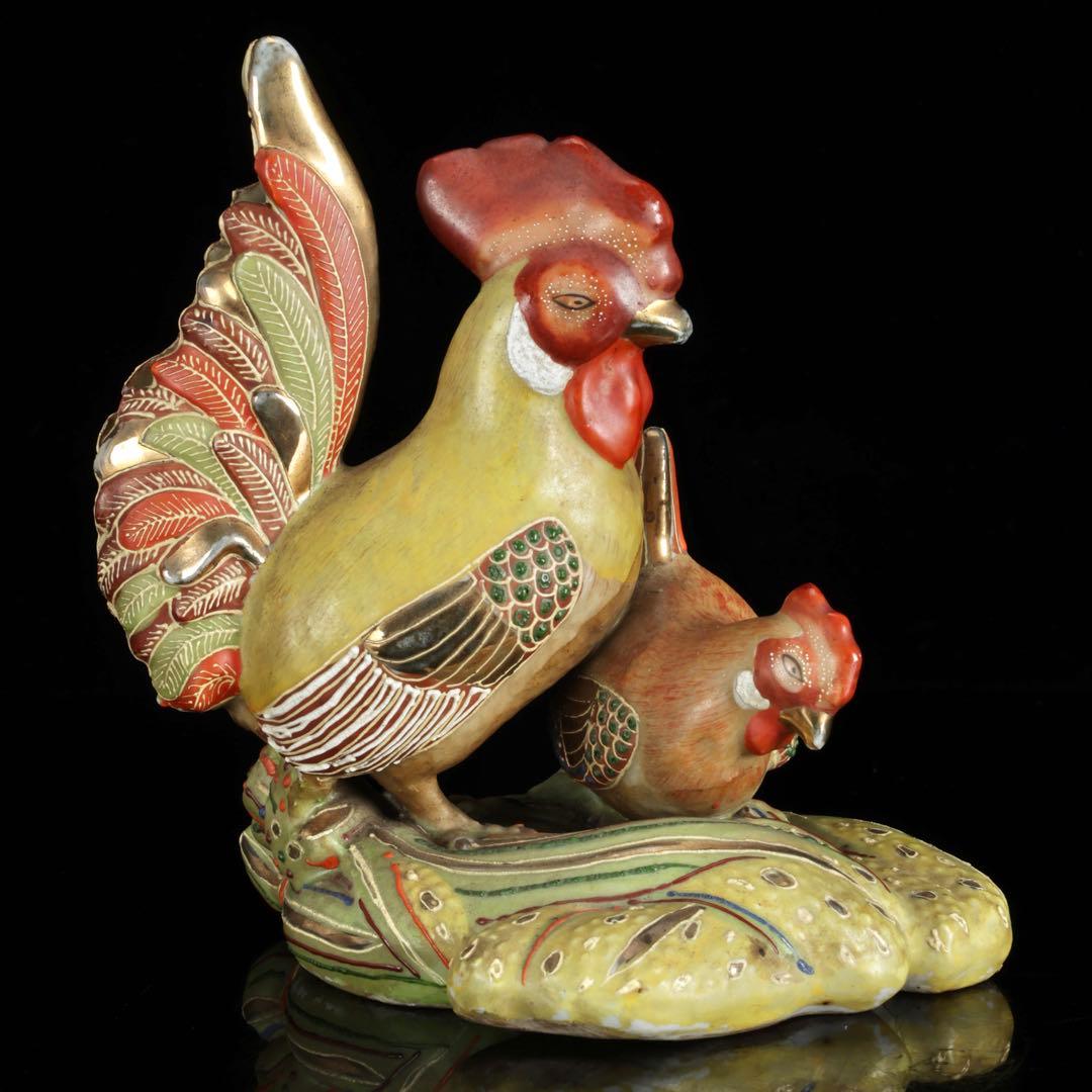 九谷焼 色絵金彩 酉 置物 木箱付 鶏 鳥 縁起物 吉祥 開運 古美術品 骨董品