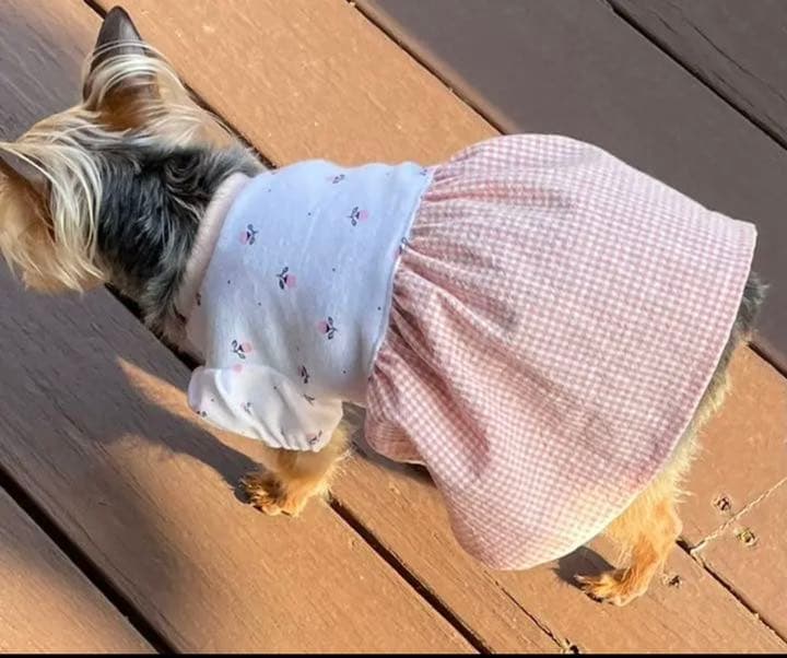 ハンドメイド犬服　ピンクの小花のパフスリーブワンピ