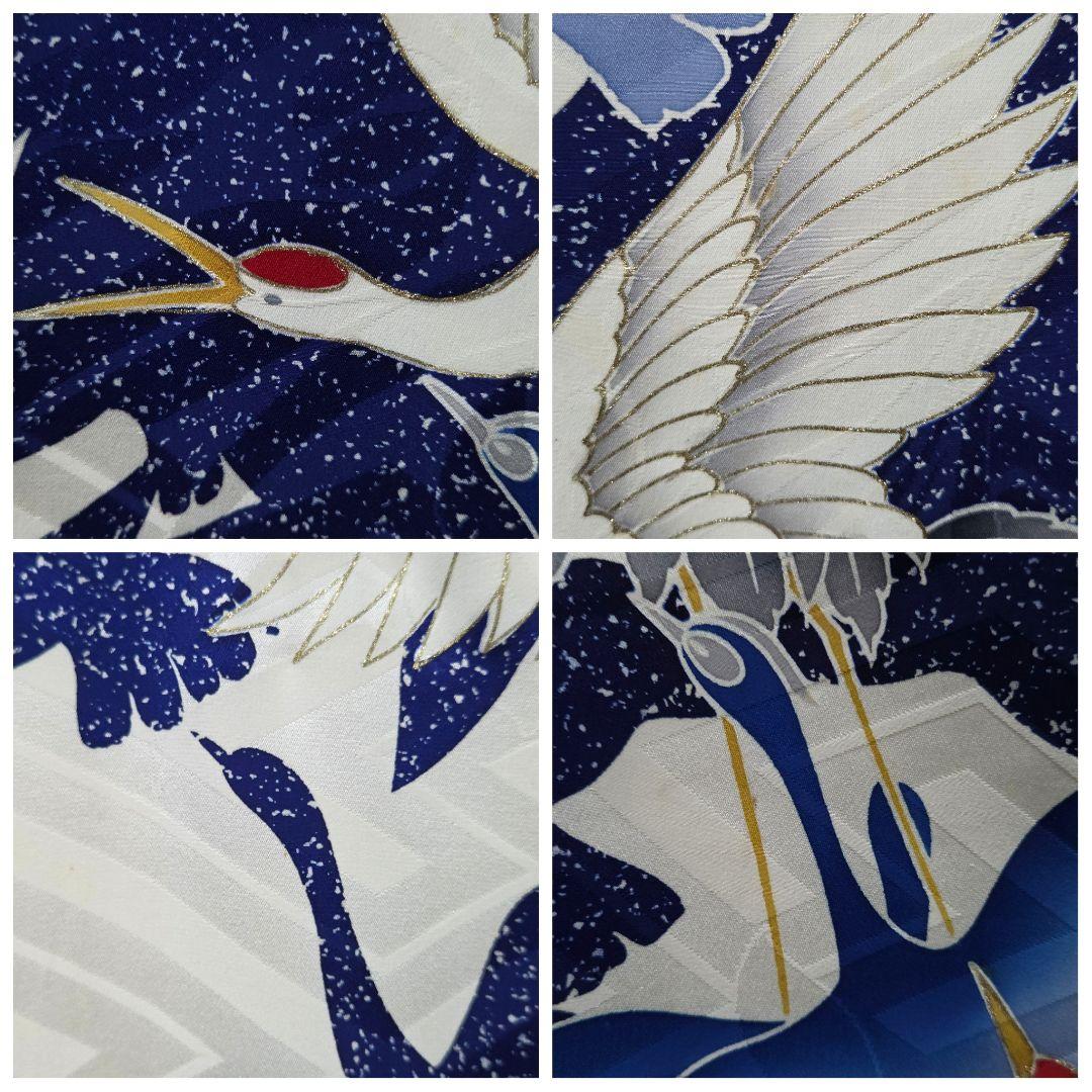 B◆着物くつろぎ レトロ 鶴模様 金彩 白 青 袷 正絹 成人式 振袖 着物