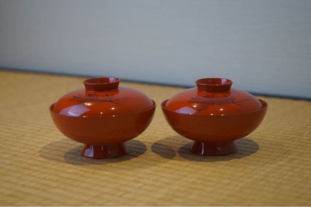 能登輪島塗 銘 玉峯 朱漆 根引松見返翁蒔絵 吸物椀 2客/ 木製漆器 茶懐石