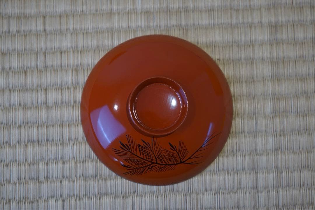 能登輪島塗 銘 玉峯 朱漆 根引松見返翁蒔絵 吸物椀 2客/ 木製漆器 茶懐石