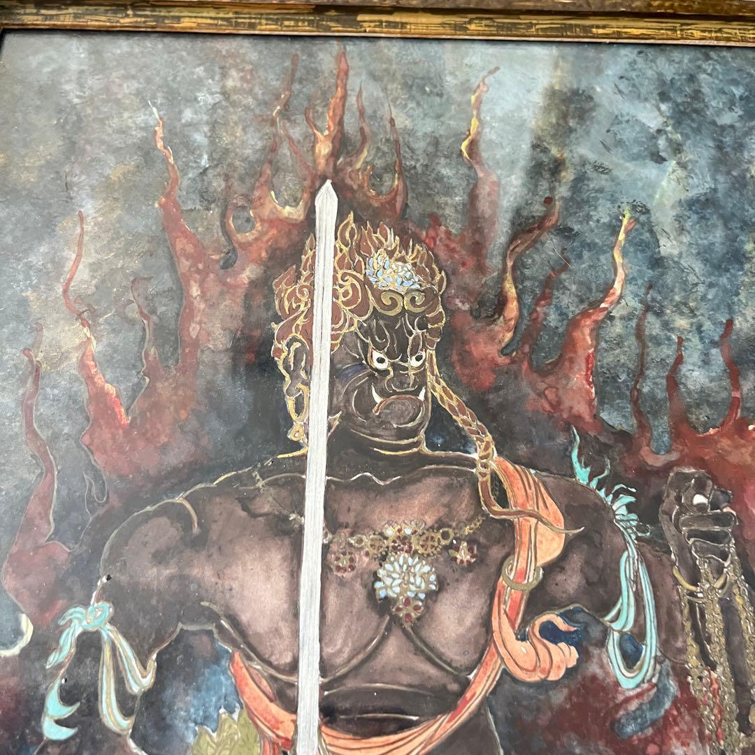 仏画 不動明王 額装 肉筆 彩色 古画 仏教美術 E