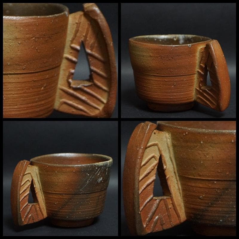 備前焼 小西陶蔵造 窯変造形カップとソーサーユニークな持ち手付 共箱