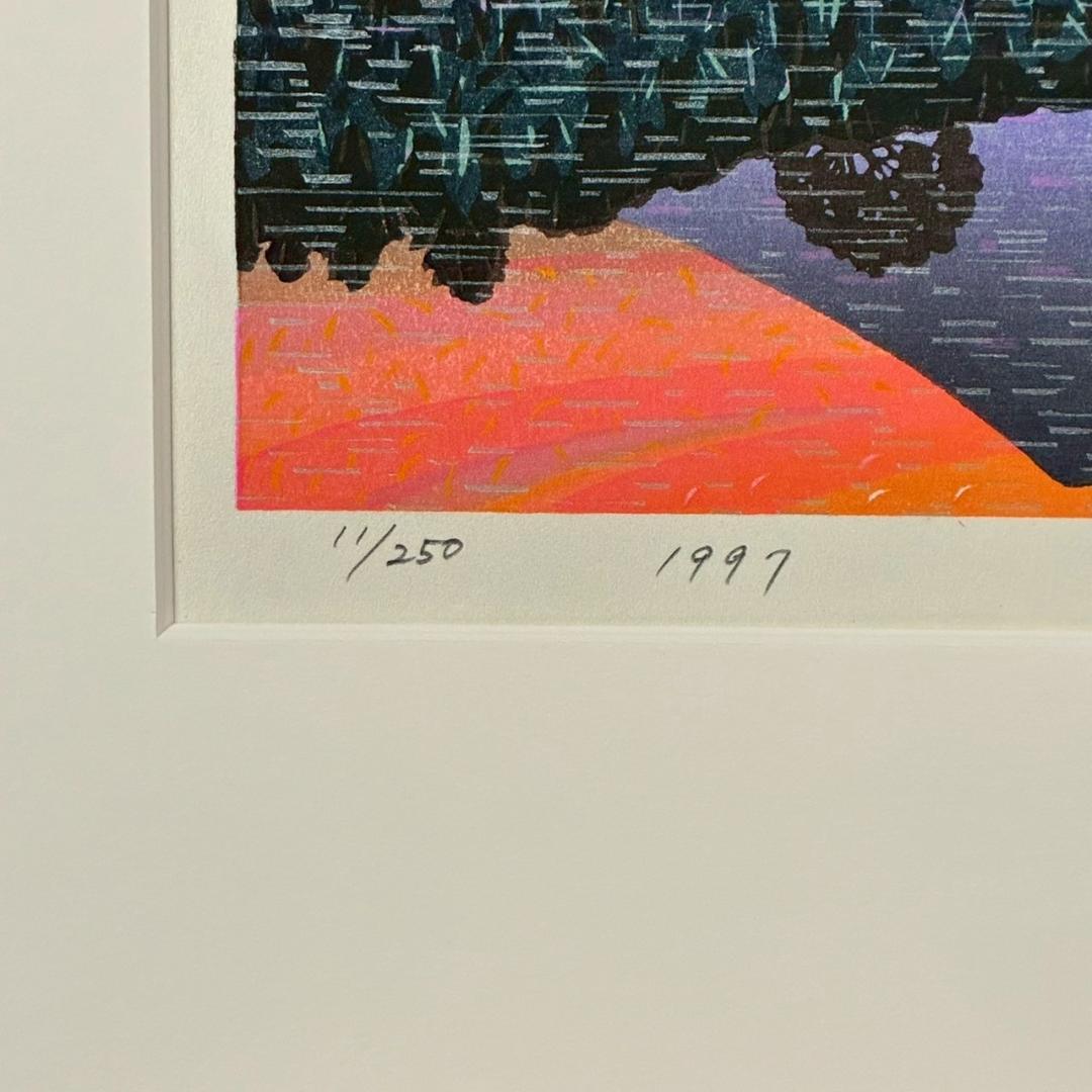 美品 牧野宗則「あけぼの」木版画 1997年制作 直筆サイン入 額縁入り