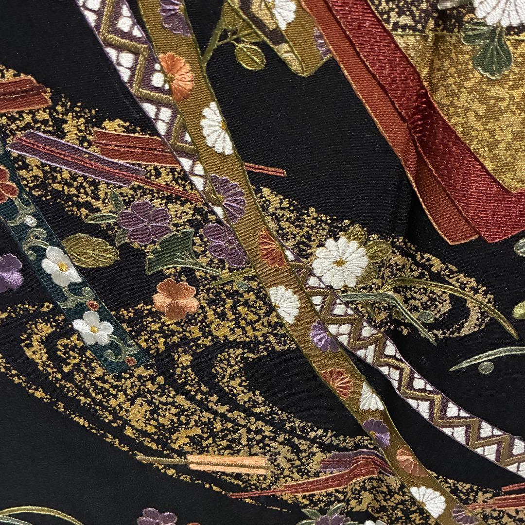 D68 黒留袖 総刺繍 慰斗紋 花模様 正絹 着物 袷 極美品