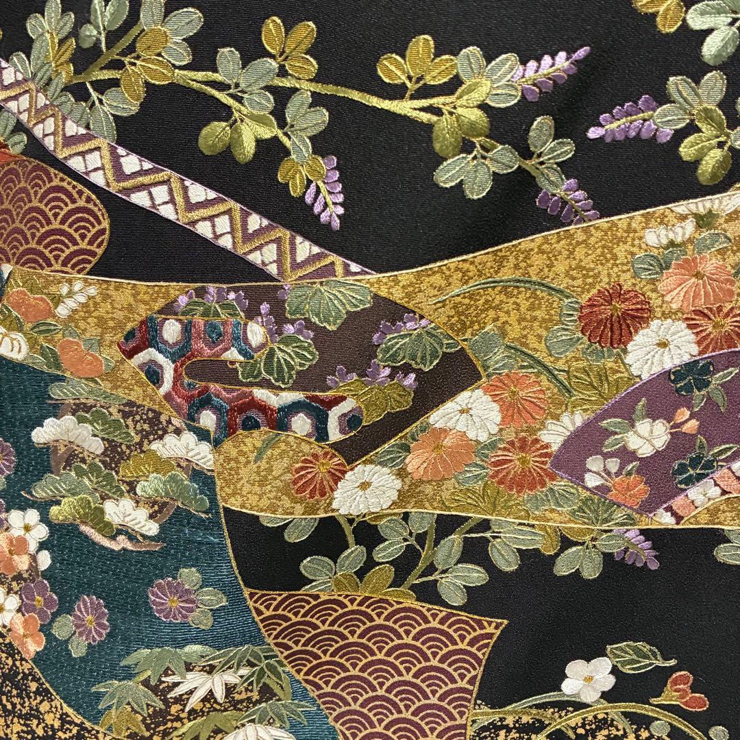 D68 黒留袖 総刺繍 慰斗紋 花模様 正絹 着物 袷 極美品