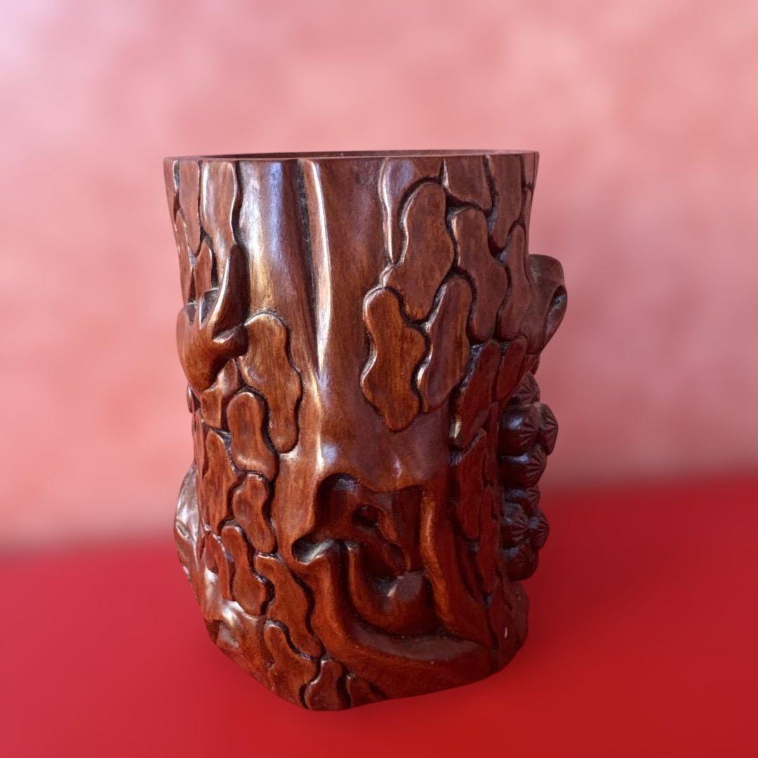 職人手作り製作 筆立て リグナムバイタ 紅木 松 鶴 ツル