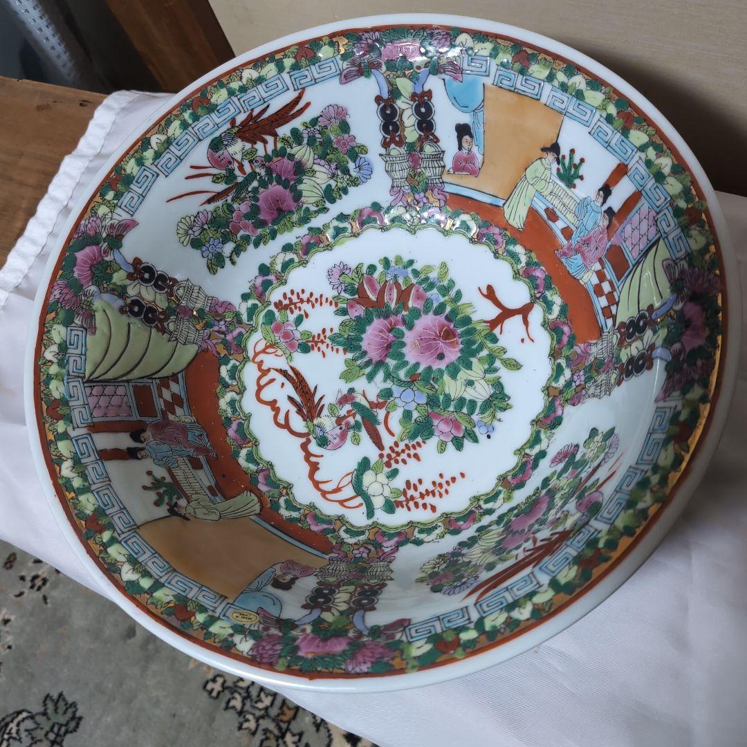 中国明時代五彩花、人物図特大丼