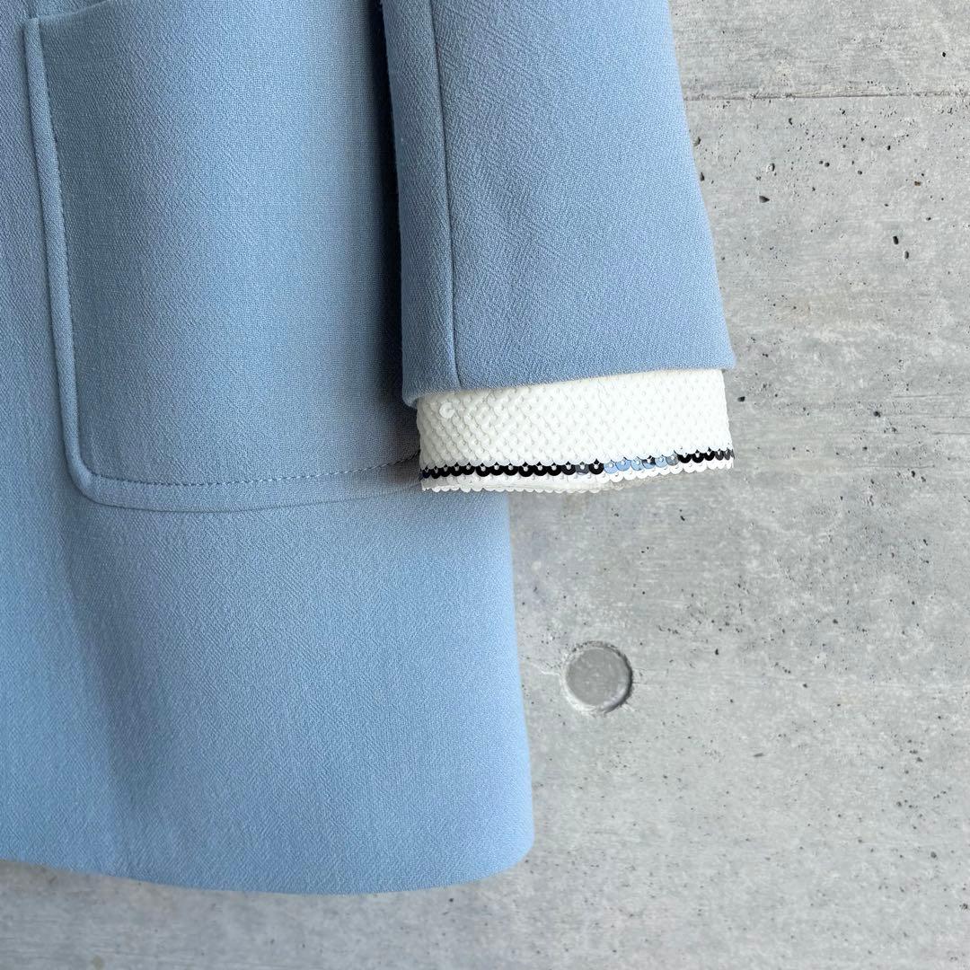 美品 miu miu スパンコール装飾 ステンカラーコート 38 ブルー