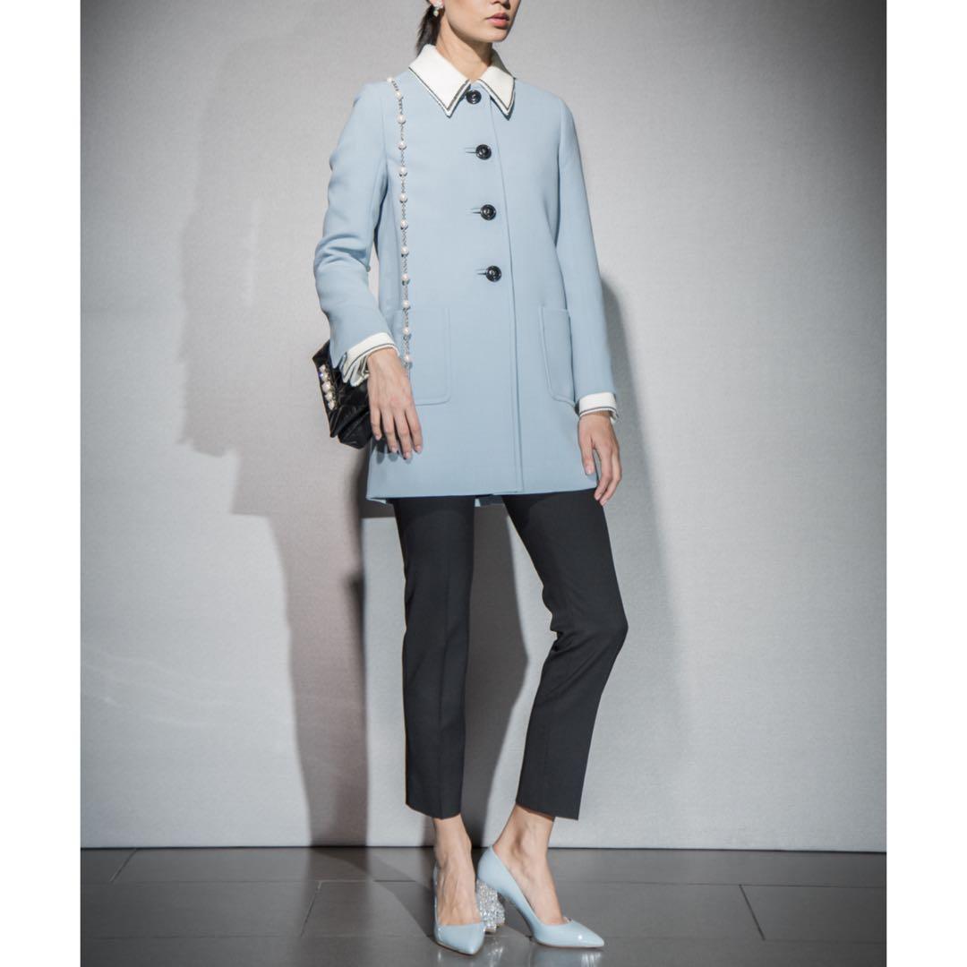 美品 miu miu スパンコール装飾 ステンカラーコート 38 ブルー