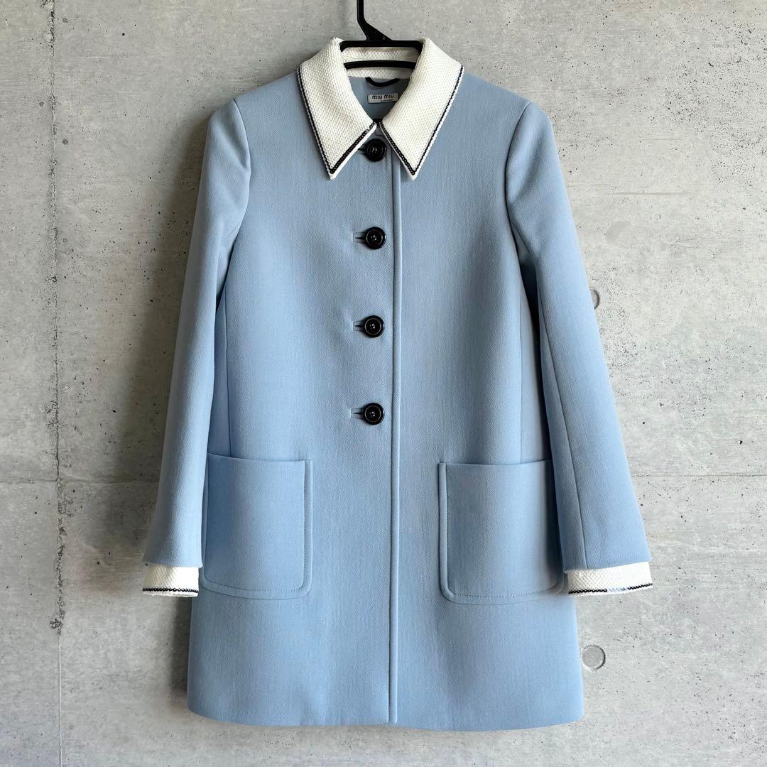 美品 miu miu スパンコール装飾 ステンカラーコート 38 ブルー