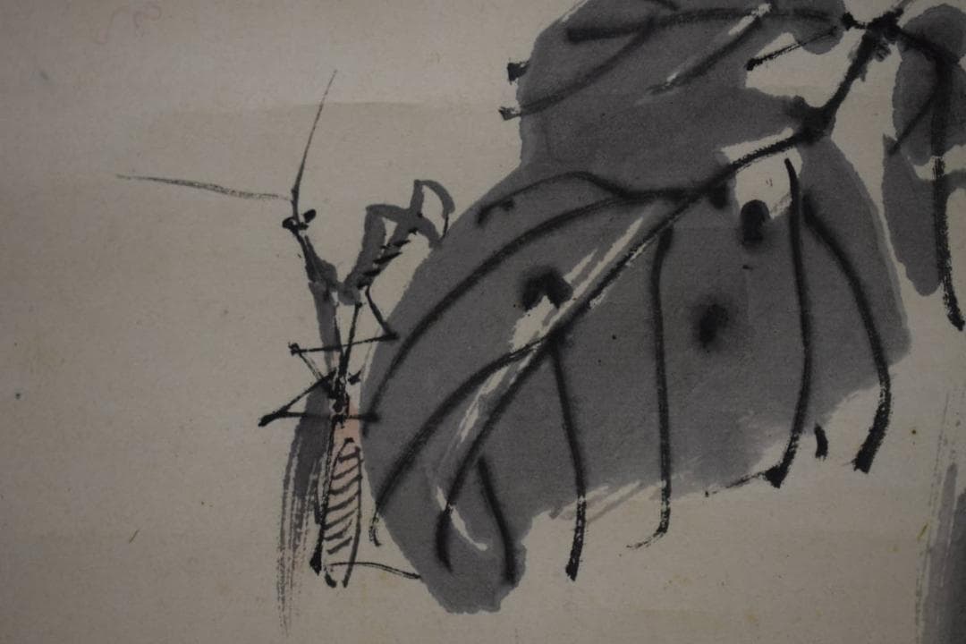 真作/今尾景年/刀豆にカマキリ図/景祥の桐極箱二重箱付/布袋屋掛軸HJ-109