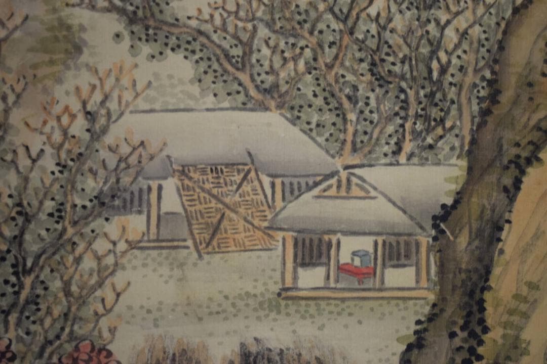 真作/帆足杏雨/秋景山水人物画賛/軸先紫檀/布袋屋掛軸HF-346