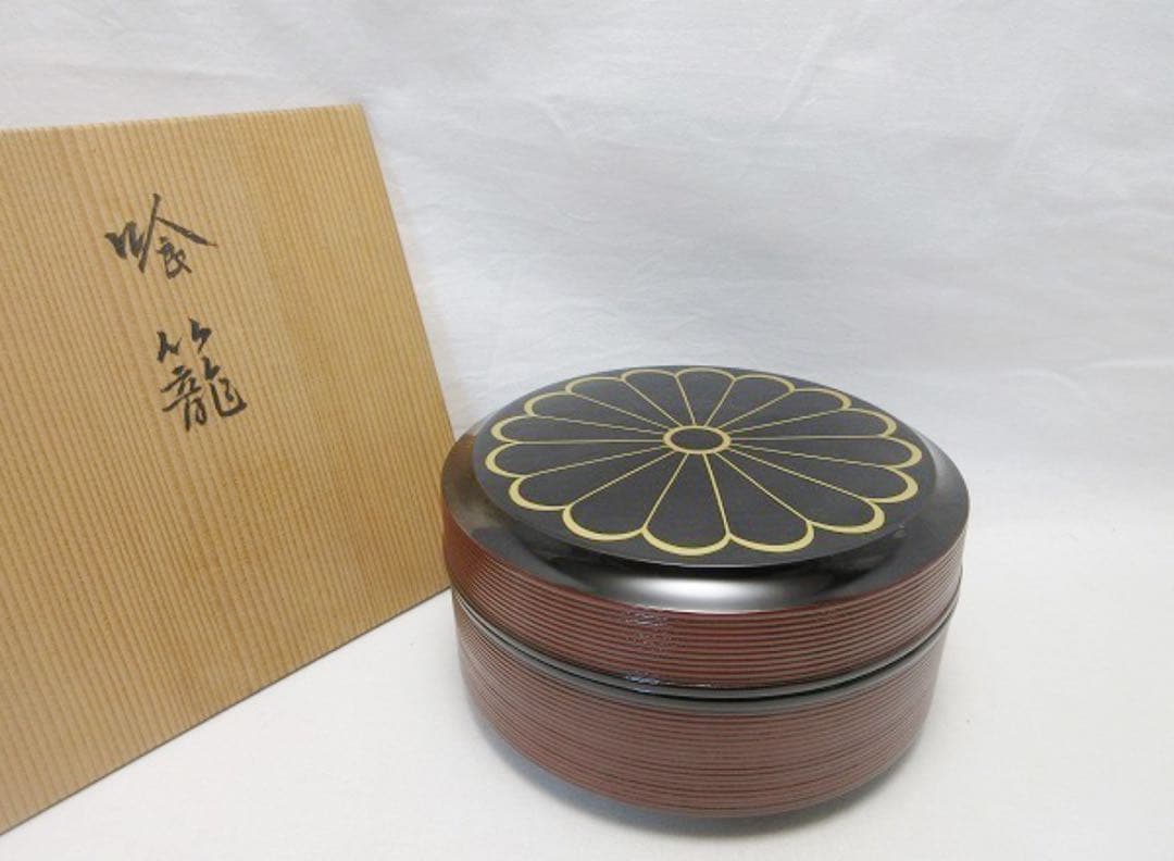 未使用 茶道具 平安象彦 木製溜塗 千筋菊紋 喰籠 菓子器 内黒 底印 共箱