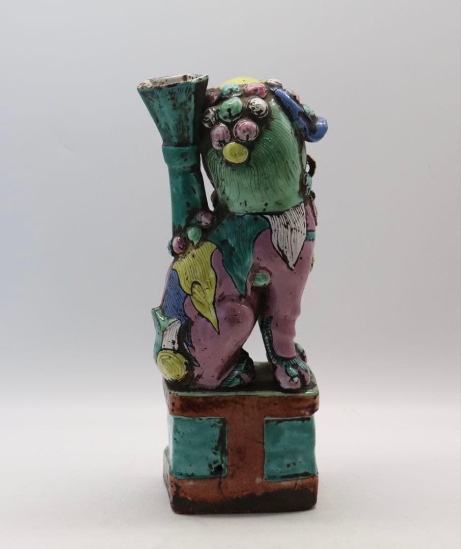 中国　清時代　洋彩　獅子　置物　共箱　送料込み250115