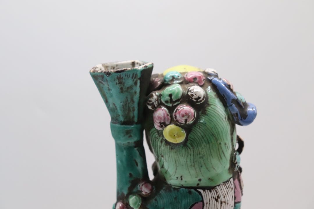 中国　清時代　洋彩　獅子　置物　共箱　送料込み250115