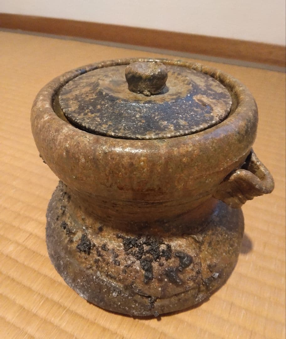 【共箱あり／未使用】茶道具 水指 焼き〆 耳付水指 蓋2種付き 陶芸品 花器