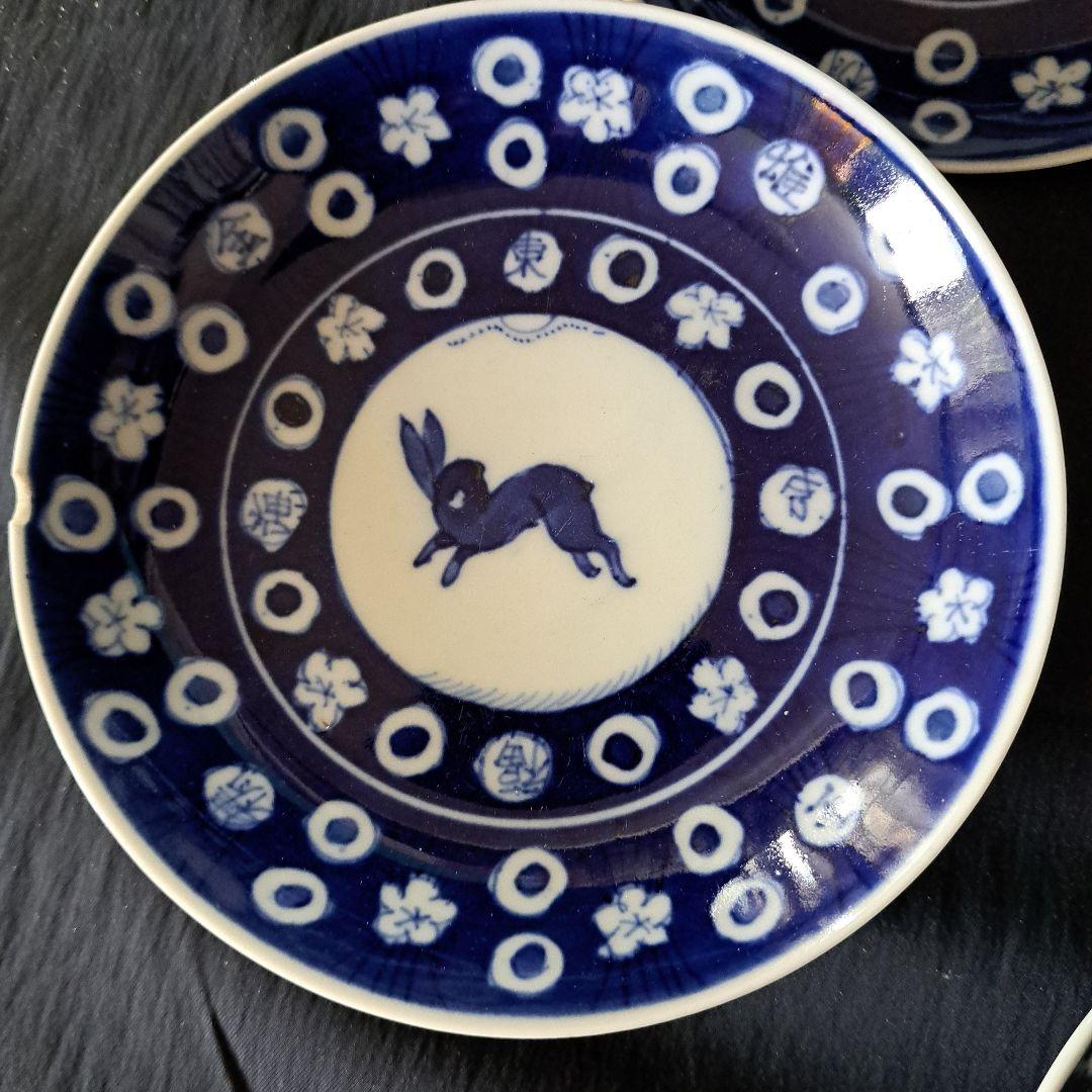 「キズがあっても、\"名品\"！お月見兎(うさぎ)と櫛高台」古伊万里皿4客セット 骨