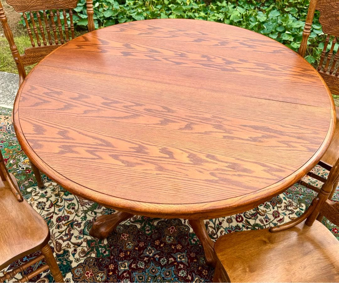 美しいオーク杢目 丸型伸長式テーブル ヴィンテージ　直径122-183cm