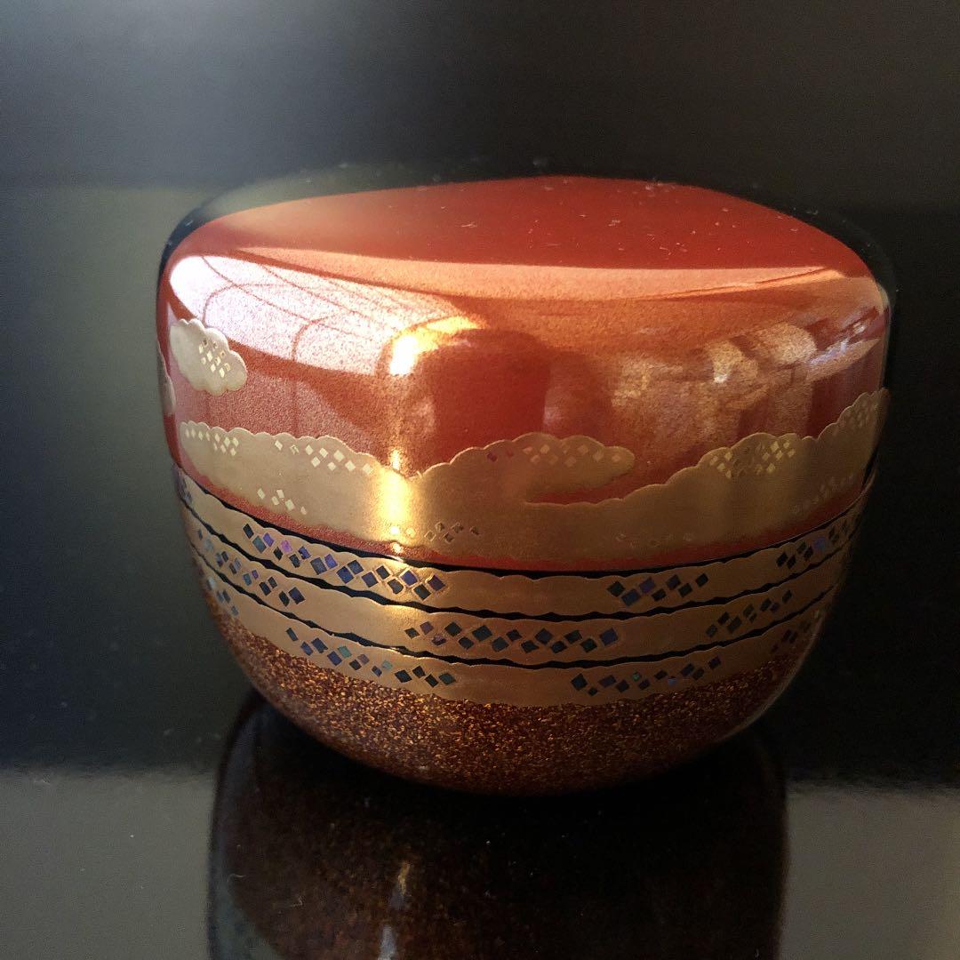 【未使用品】平棗　紅富士蒔絵　螺鈿　内銀地　細川司光　茶道具　共箱