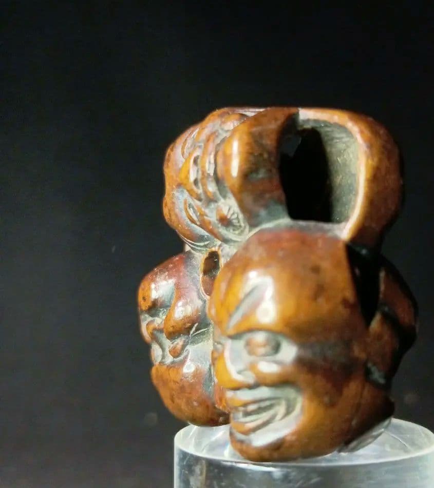 玉山 在銘 「能面尽くし おかめ 鬼 火男 猩々 」 柘植彫 根付 江戸時代