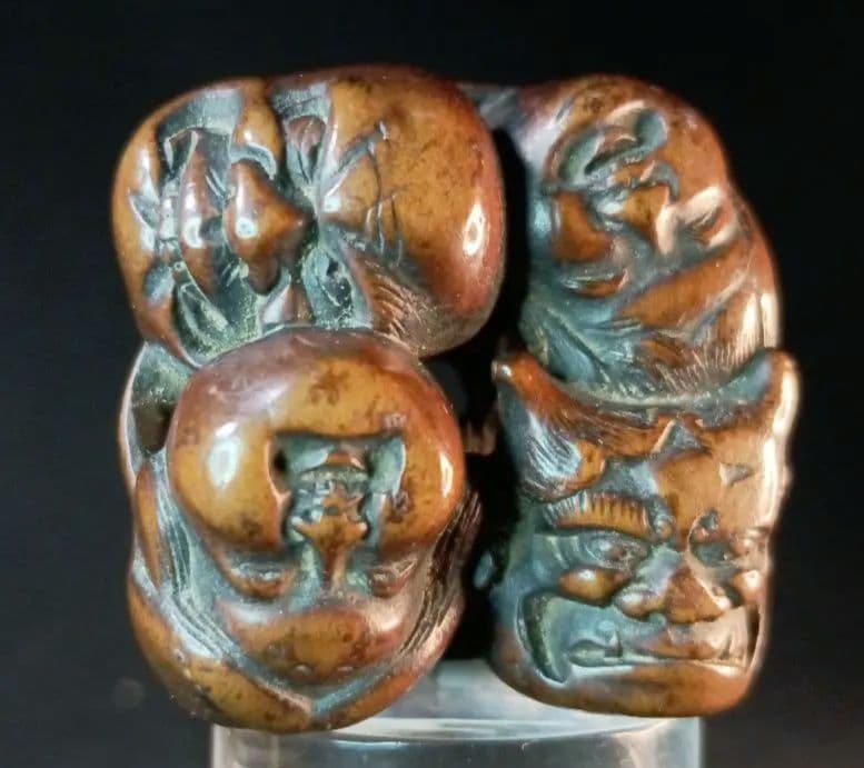 玉山 在銘 「能面尽くし おかめ 鬼 火男 猩々 」 柘植彫 根付 江戸時代