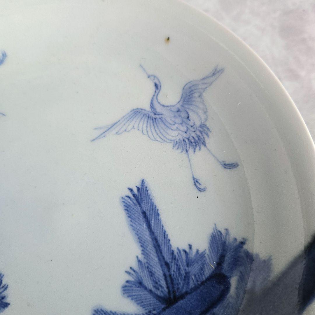古伊万里　染付　五寸皿　松　飛翔鶴　江戸時代　金直し　金継ぎ　骨董　アンティーク