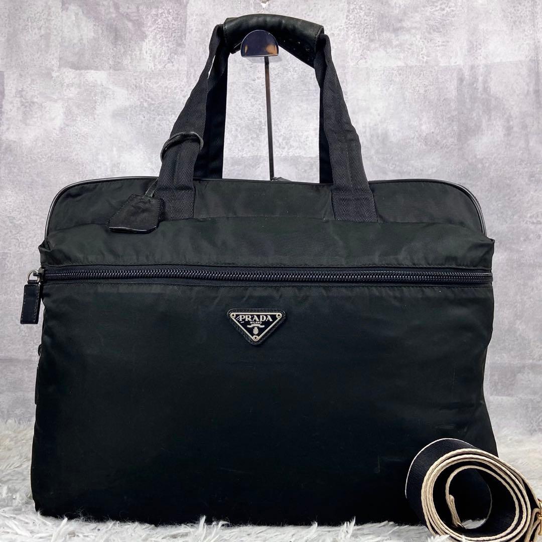 美品 A4可 PRADA ビジネスバッグ 2way 三角プレート ナイロン 黒