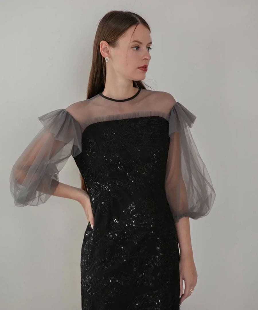 LEJA フラワースパンコールシアーフリルスリーブIラインワンピースドレス S