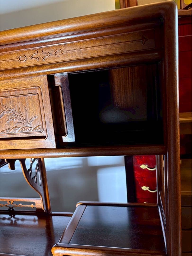 引渡限定　最高級 和家具 茶箪笥 飾り棚 彫刻入り 紫檀調 W90×H105cm