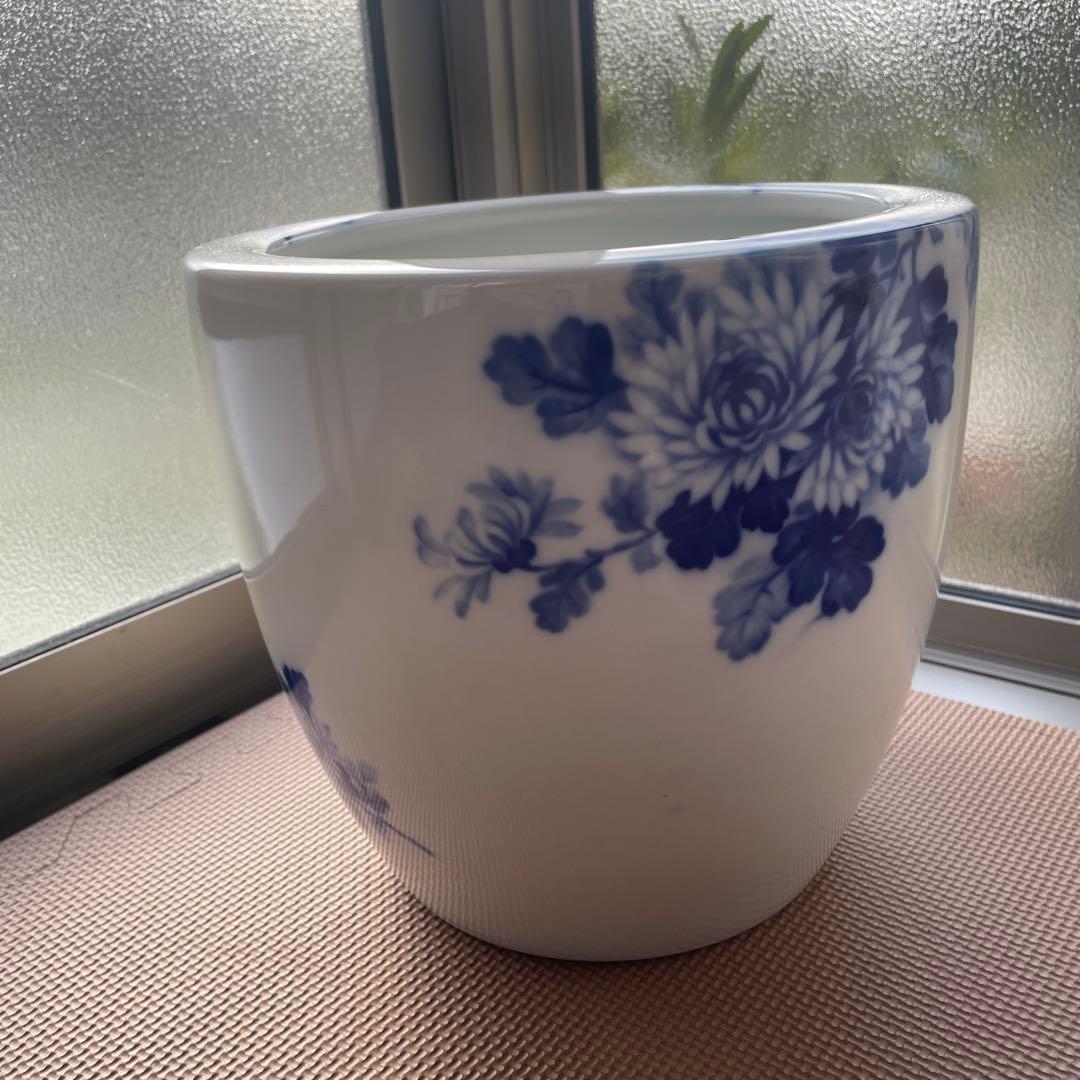 【最終値下げ　当時物】火鉢　ノリタケ　陶器　ブルー　菊　手あぶり　メダカ鉢　日陶