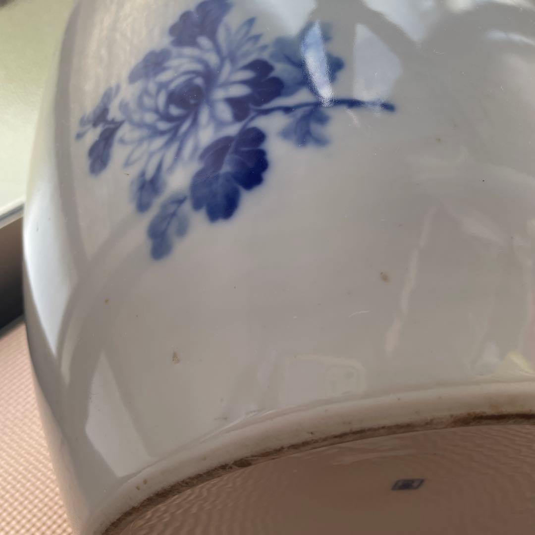 【最終値下げ　当時物】火鉢　ノリタケ　陶器　ブルー　菊　手あぶり　メダカ鉢　日陶