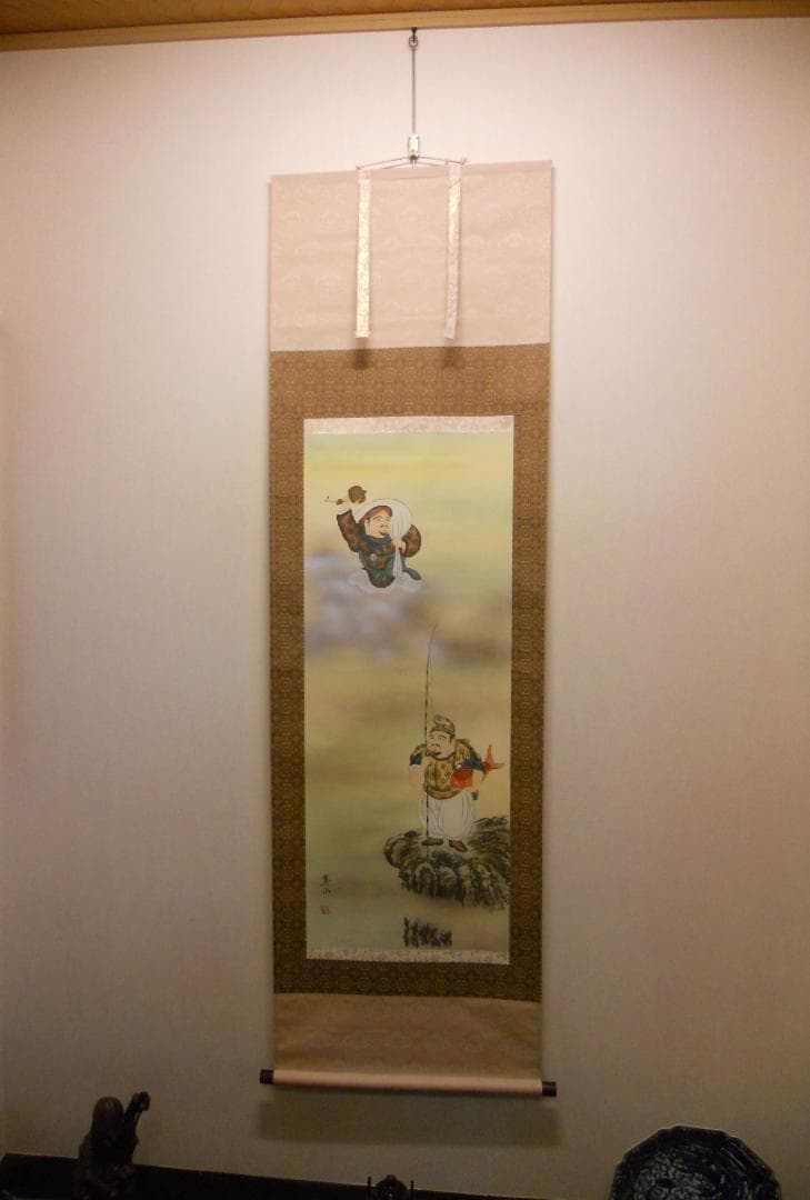 掛け軸 翠山 恵比寿大国 絹本 希少 軸装 茶道具 掛軸 美品 です。