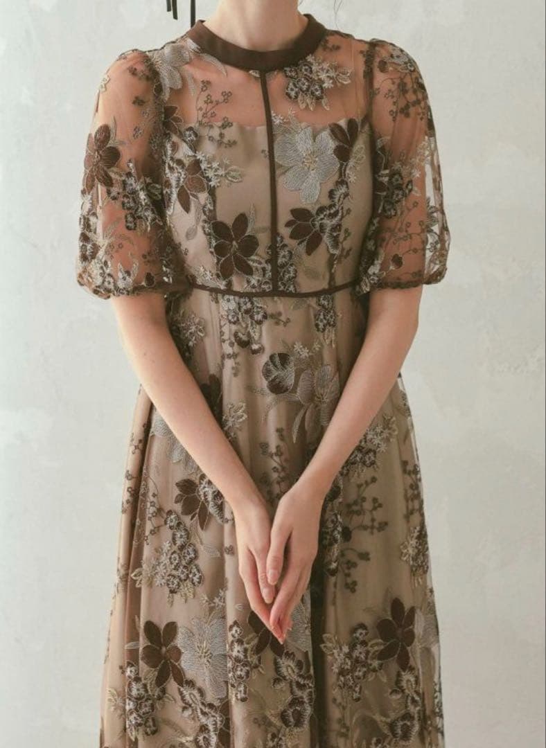 Dorry Doll フラワーエンブロイダリードレス　ブラウン　Ｍサイズ