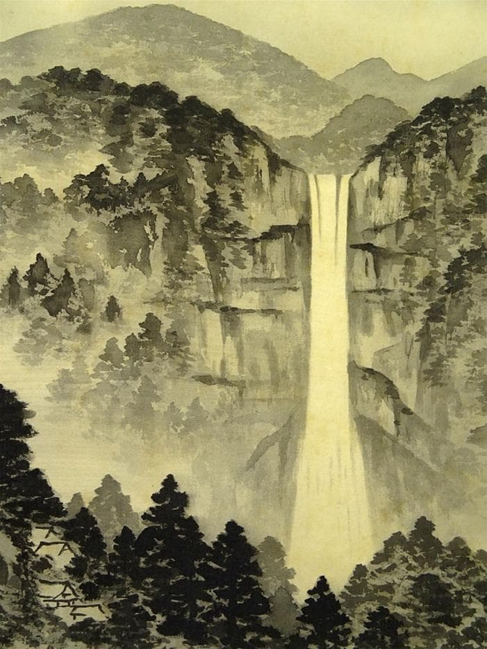 掛軸 生駒石渓『那智山 山水 瀑布』絹本 共箱 二重箱付 掛け軸 a073118