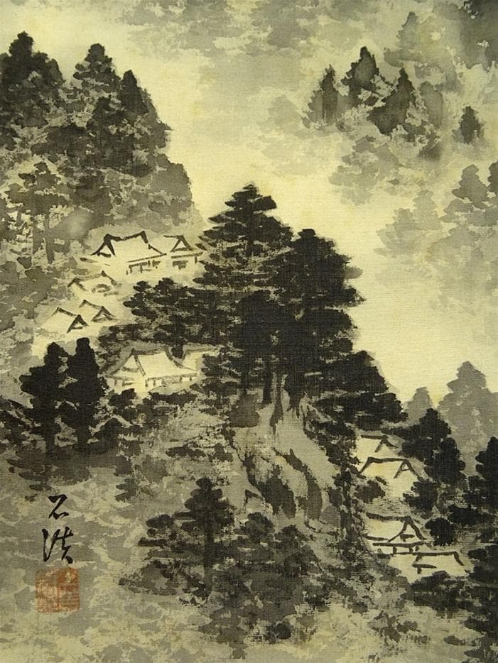 掛軸 生駒石渓『那智山 山水 瀑布』絹本 共箱 二重箱付 掛け軸 a073118