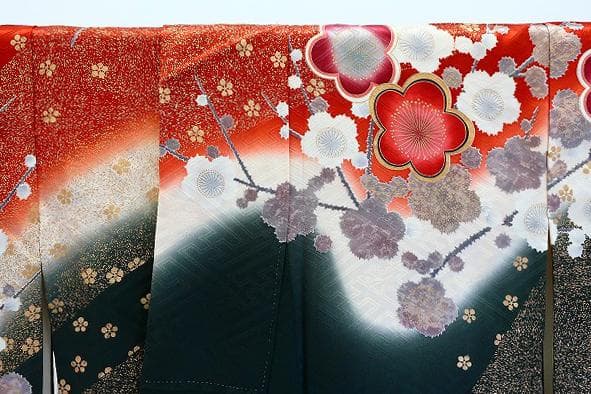 美品 振袖 朱赤 深緑 枝梅 金駒刺 金彩加工 身丈164cm お洒落