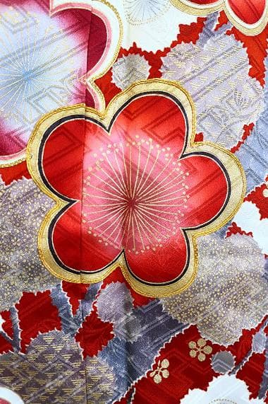 美品 振袖 朱赤 深緑 枝梅 金駒刺 金彩加工 身丈164cm お洒落