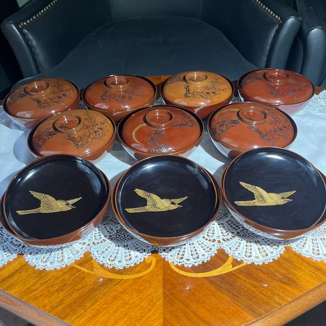 茶道 煎茶 年代物 漆器 沈金 梅に鶯 吸物椀 10客揃