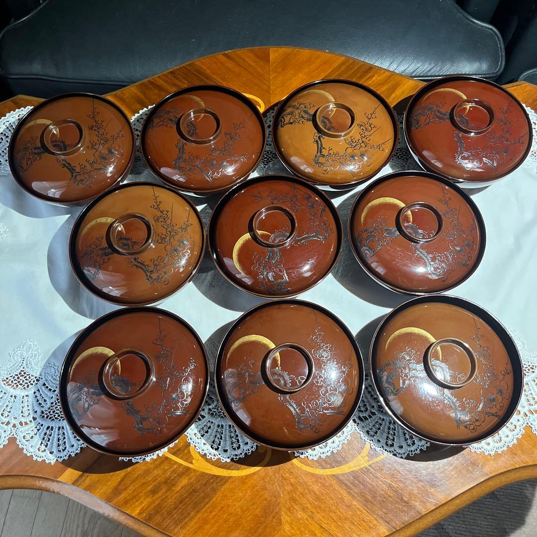 茶道 煎茶 年代物 漆器 沈金 梅に鶯 吸物椀 10客揃